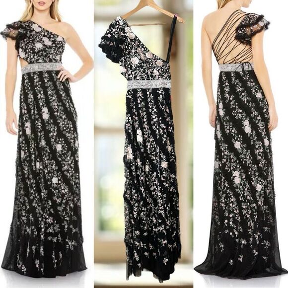 Mac Duggal Embroidered One Shoulder Gown Black Floral Lace up Dress NWT Size 6 - Picture 1 of 16